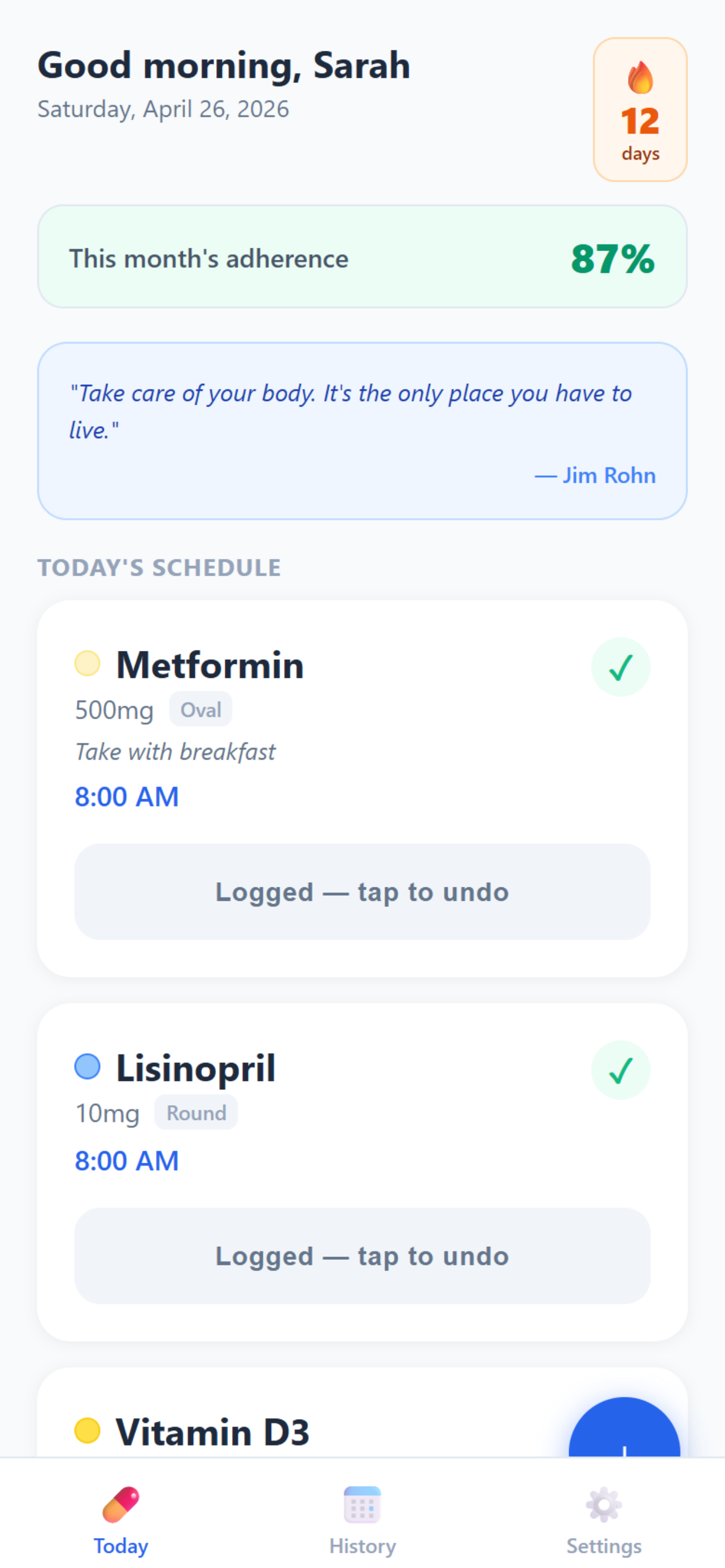 Med Time Pro daily medication tracking screen